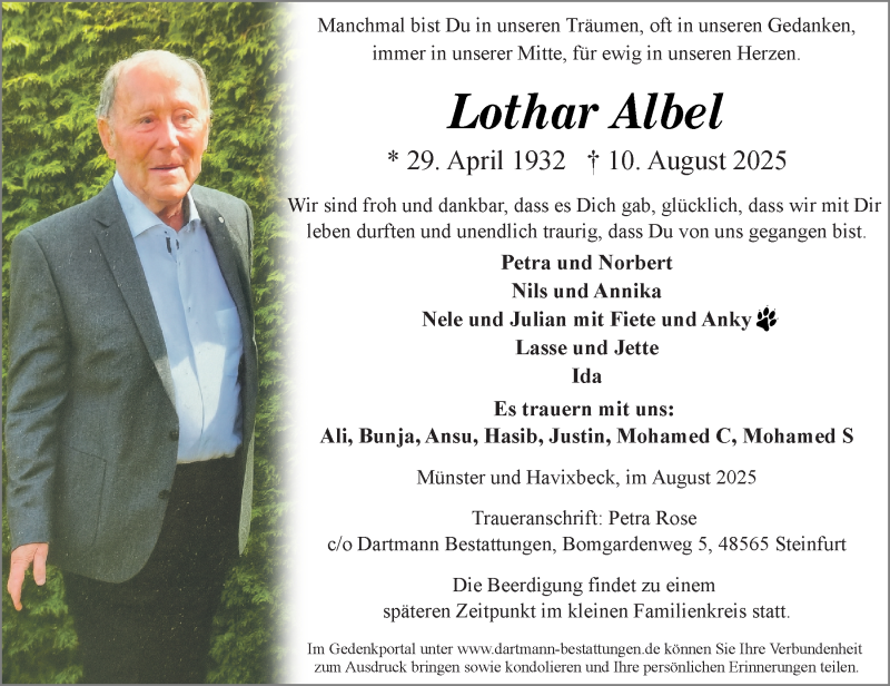  Traueranzeige für Lothar Albel vom 16.08.2025 aus 
