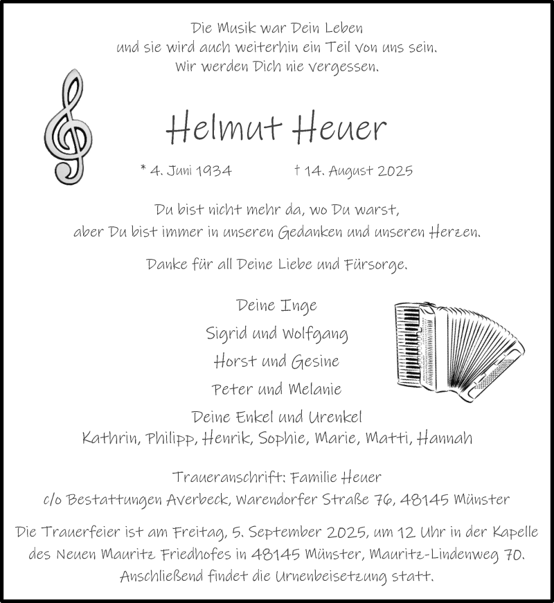  Traueranzeige für Helmut Heuer vom 30.08.2025 aus 