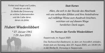 Anzeige von Hubert Wiedenlübbert 
