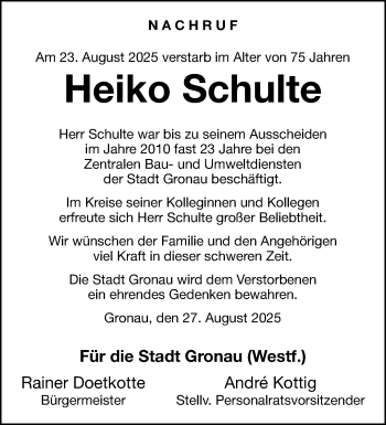 Anzeige von Heiko Schulte 