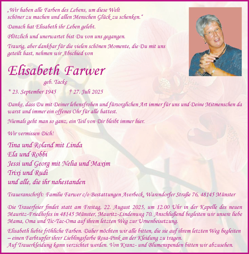  Traueranzeige für Elisabeth Farwer vom 16.08.2025 aus 