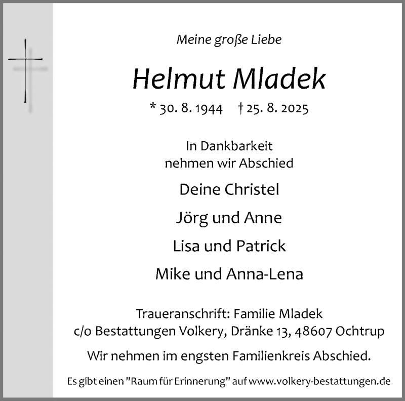  Traueranzeige für Helmut Mladek vom 28.08.2025 aus 