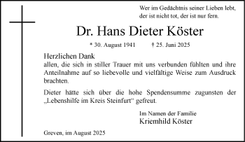Anzeige von Dr. Hans Dieter Köster 