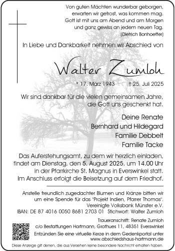 Anzeige von Walter Zumloh 