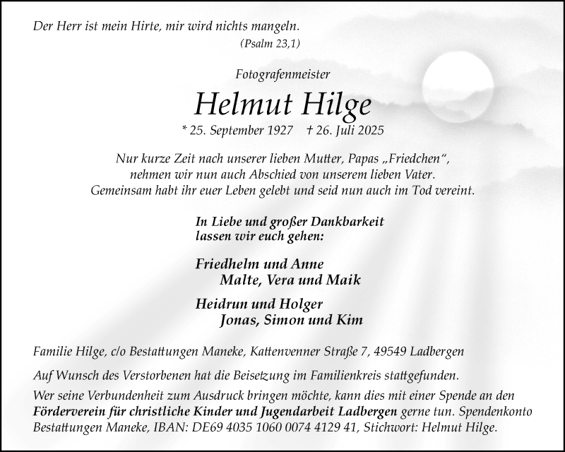  Traueranzeige für Helmut Hilge vom 02.08.2025 aus 