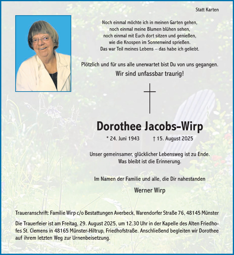  Traueranzeige für Dorothee Jacobs-Wirp vom 23.08.2025 aus 