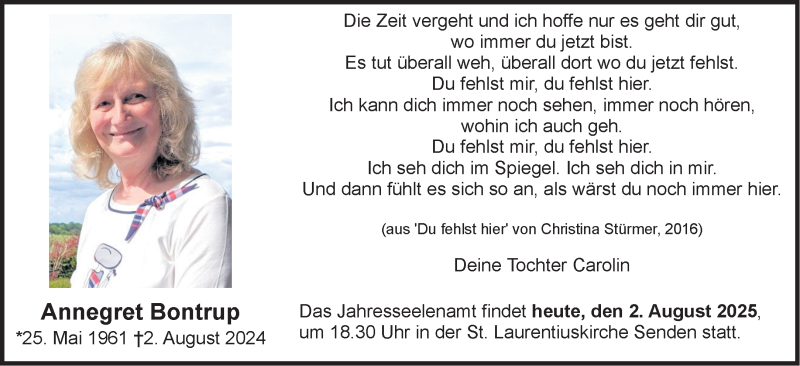  Traueranzeige für Annegret Bontrup vom 02.08.2025 aus 