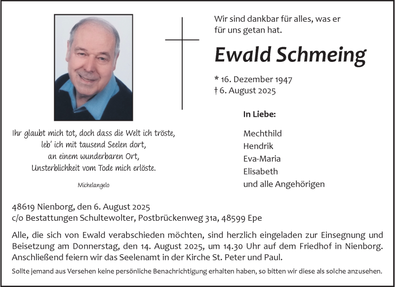  Traueranzeige für Ewald Schmeing vom 09.08.2025 aus 