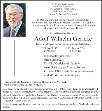 Anzeige von Adolf Wilhelm Gericke 