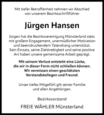 Anzeige von Jürgen Hansen 