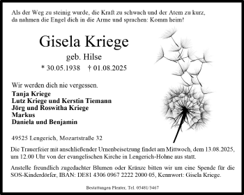 Anzeige von Gisela Kriege 