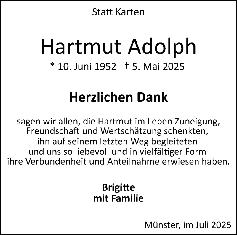  Traueranzeige für Hartmut Adolph vom 02.08.2025 aus 