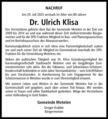Anzeige von Dr. Ulrich Klisa 