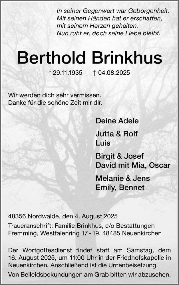  Traueranzeige für Berthold Brinkhus vom 09.08.2025 aus 
