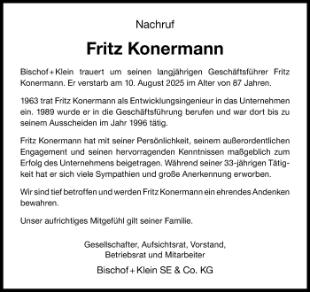 Anzeige von Fritz Konermann 