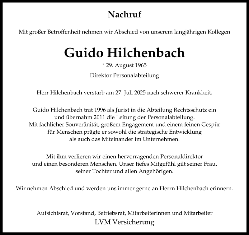  Traueranzeige für Guido Hilchenbach vom 02.08.2025 aus 