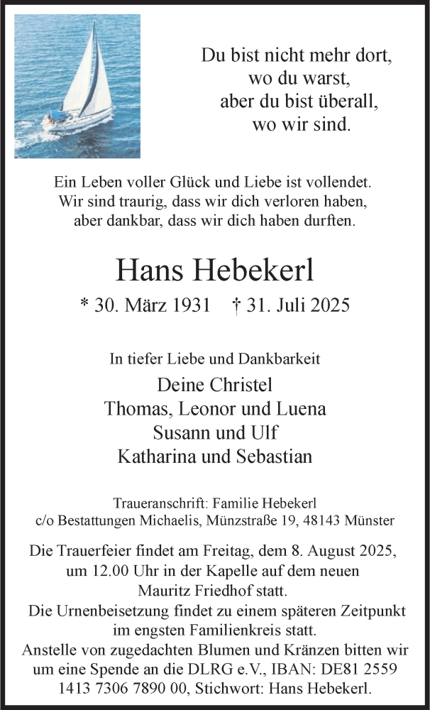  Traueranzeige für Hans Hebekerl vom 06.08.2025 aus 