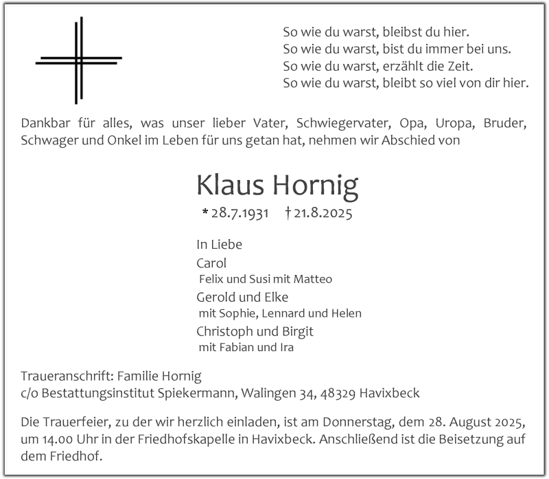  Traueranzeige für Klaus Hornig vom 23.08.2025 aus 
