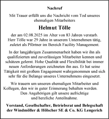 Anzeige von Helmut Tölle 