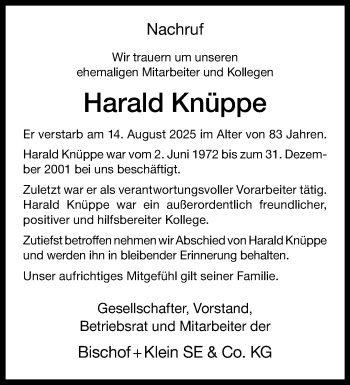 Anzeige von Harald Knüppe 