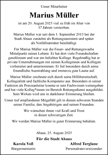 Anzeige von Marius Müller 