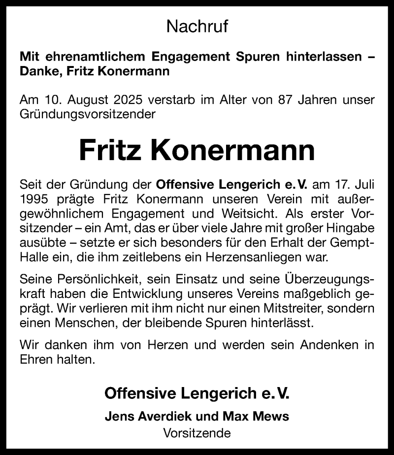  Traueranzeige für Fritz Konermann vom 19.08.2025 aus 