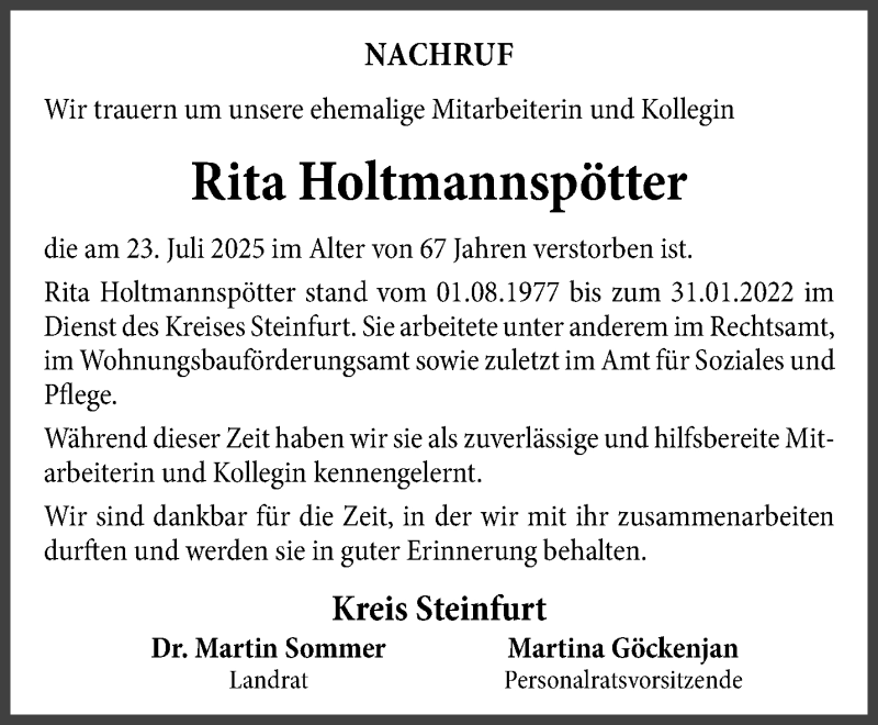  Traueranzeige für Rita Holtmannspötter vom 15.08.2025 aus 