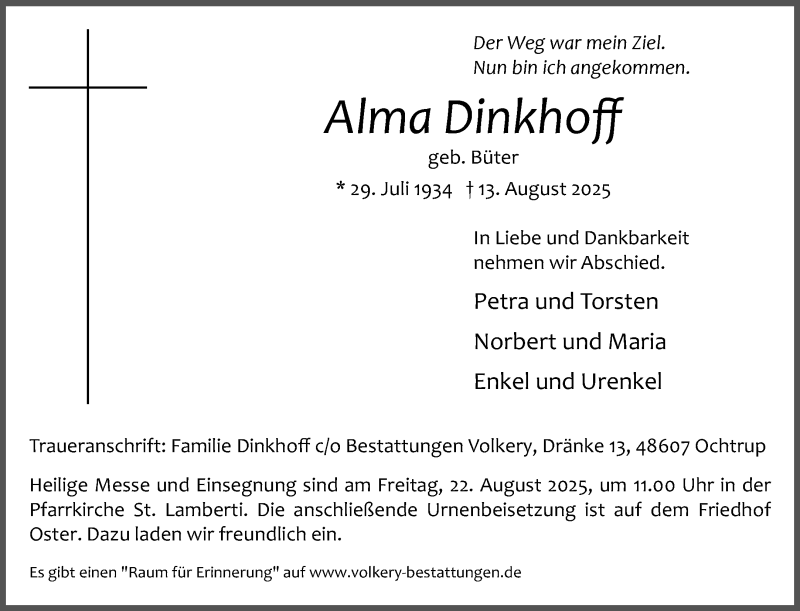  Traueranzeige für Alma Dinkhoff vom 16.08.2025 aus 