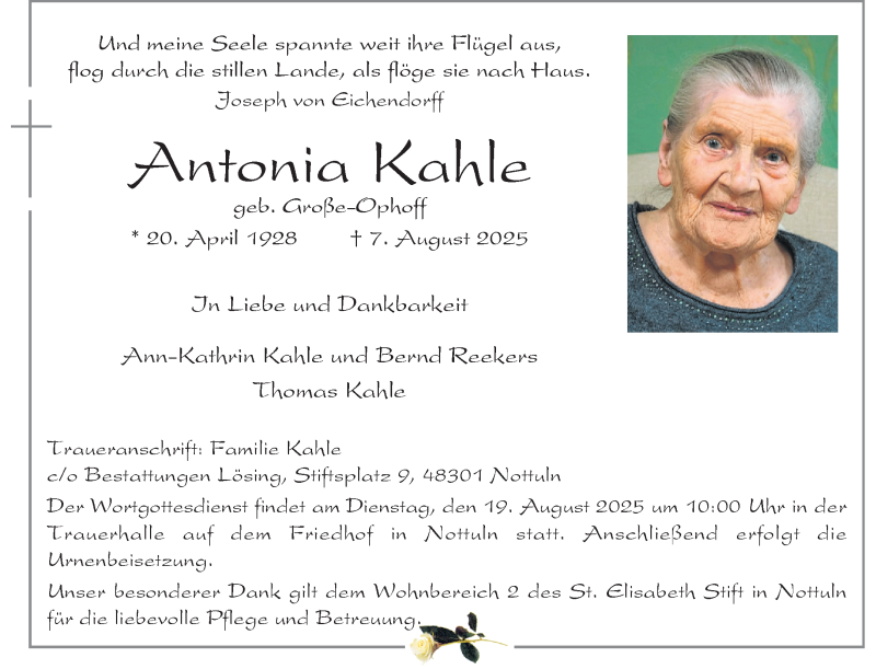  Traueranzeige für Antonia Kahle vom 16.08.2025 aus 