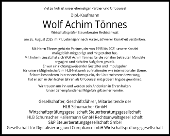 Anzeige von Wolf Achim Tönnes 