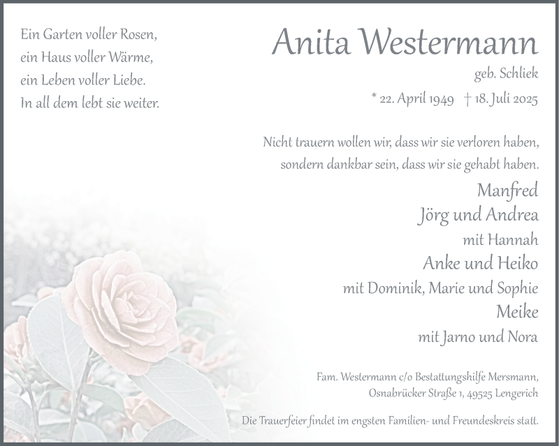  Traueranzeige für Anita Westermann vom 09.08.2025 aus 