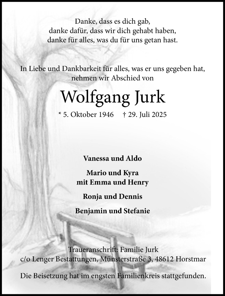 Traueranzeige für Wolfgang Jurk vom 06.08.2025 aus 