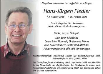 Anzeige von Hans-Jürgen Fiedler 