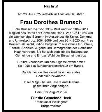 Anzeige von Dorothea Brunsch 
