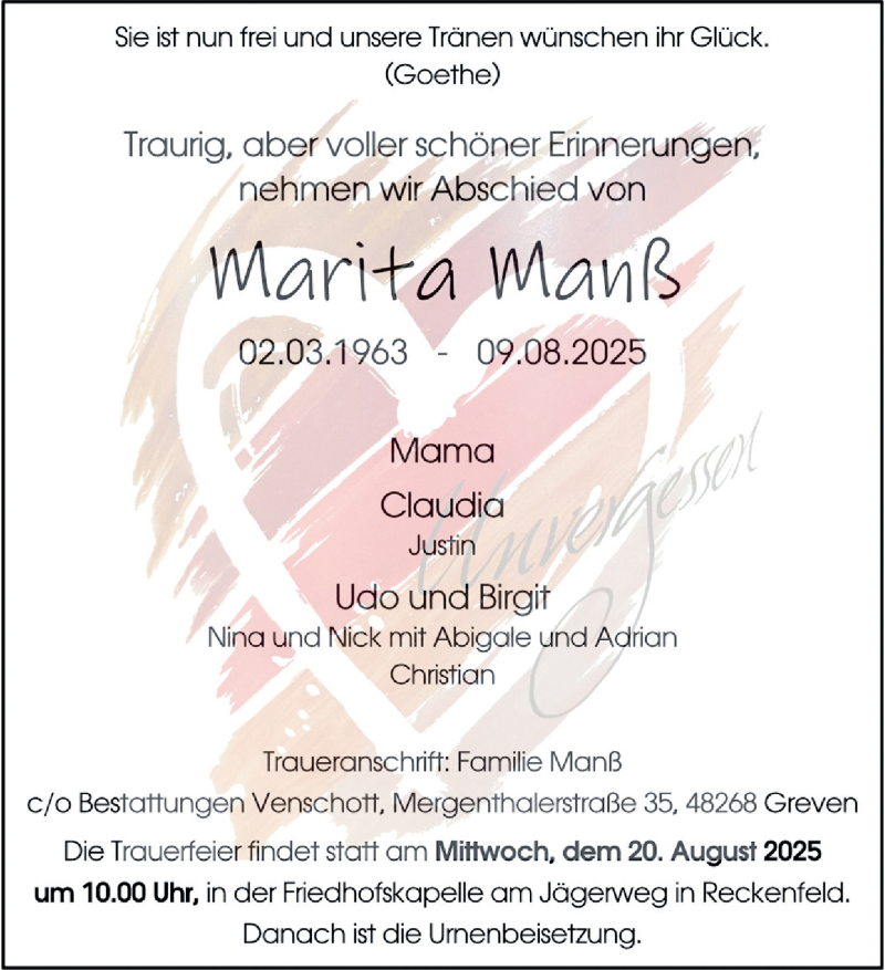  Traueranzeige für Marita Manß vom 16.08.2025 aus 