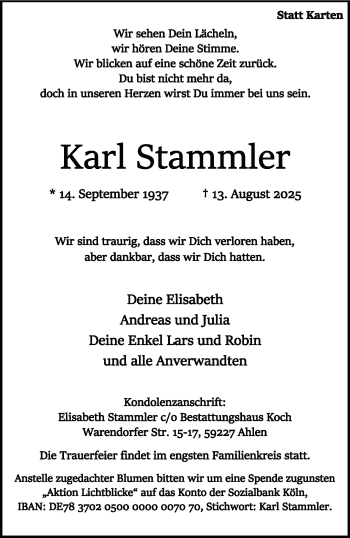 Anzeige von Karl Stammler 