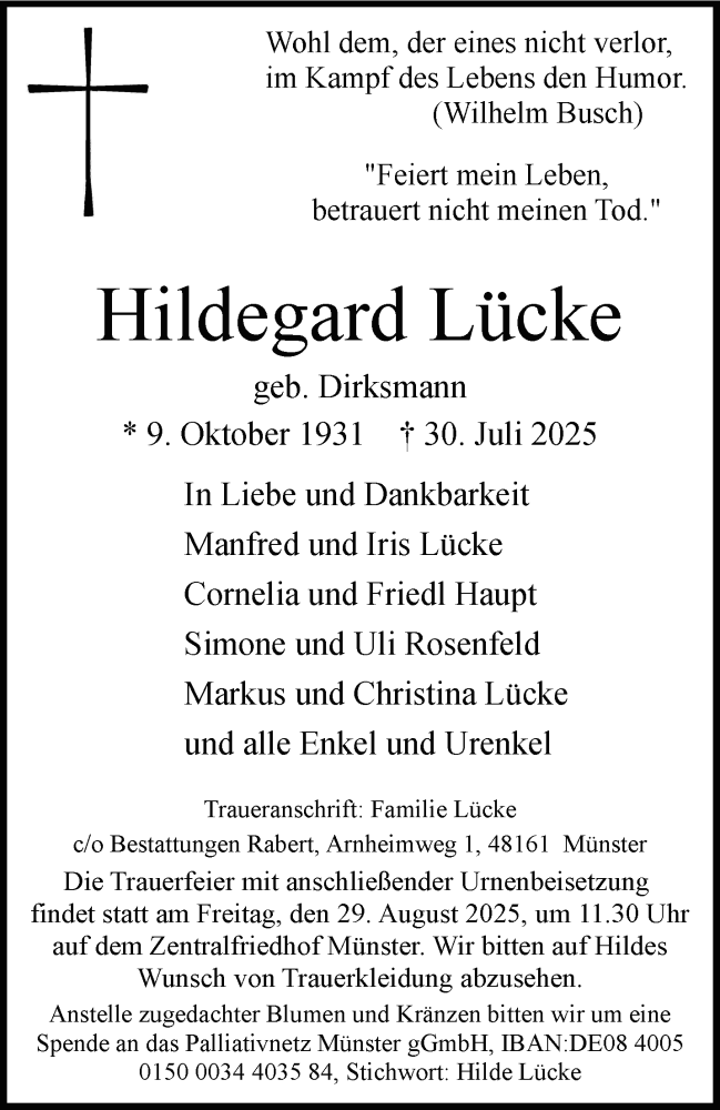  Traueranzeige für Hildegard Lücke vom 23.08.2025 aus 