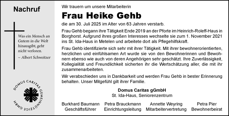  Traueranzeige für Heike Gehb vom 13.08.2025 aus 