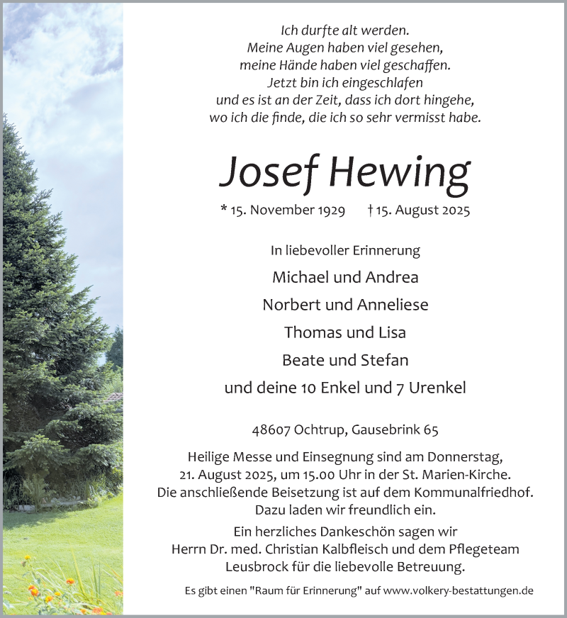  Traueranzeige für Josef Hewing vom 19.08.2025 aus 