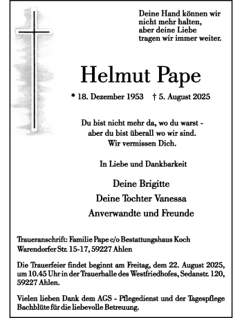 Anzeige von Helmut Pape 