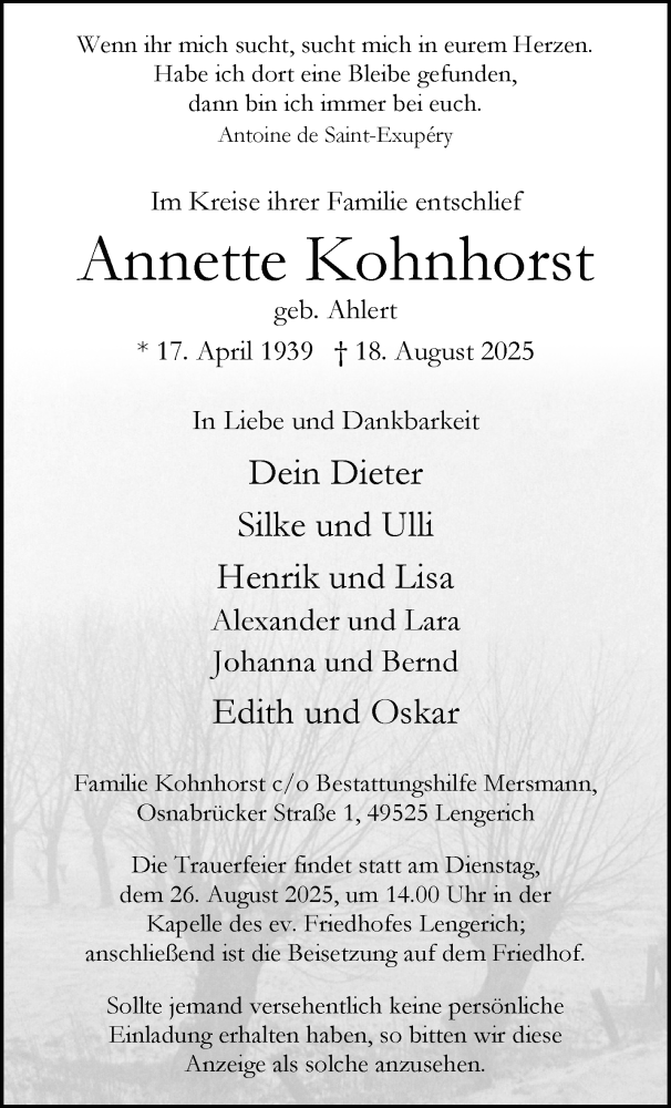  Traueranzeige für Annette Kohnhorst vom 23.08.2025 aus 