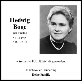 Anzeige von Hedwig Boge 