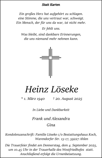 Anzeige von Heinz Löseke 