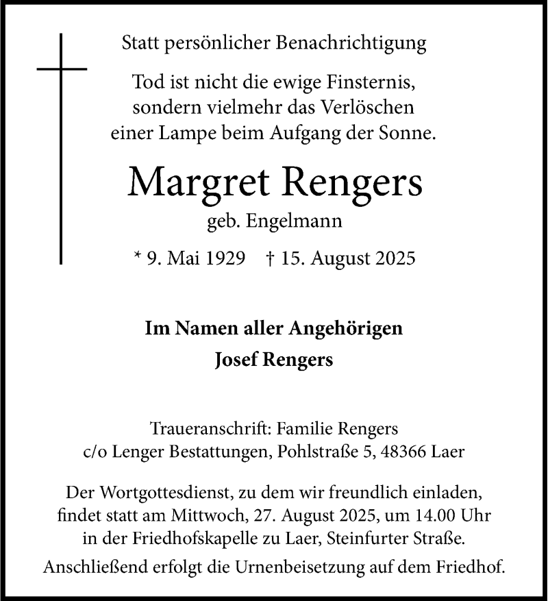  Traueranzeige für Margret Rengers vom 23.08.2025 aus 