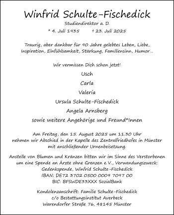 Anzeige von Winfrid Schulte-Fischedick 
