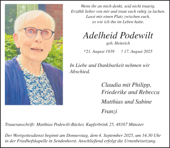 Anzeige von Adelheid Podewilt 