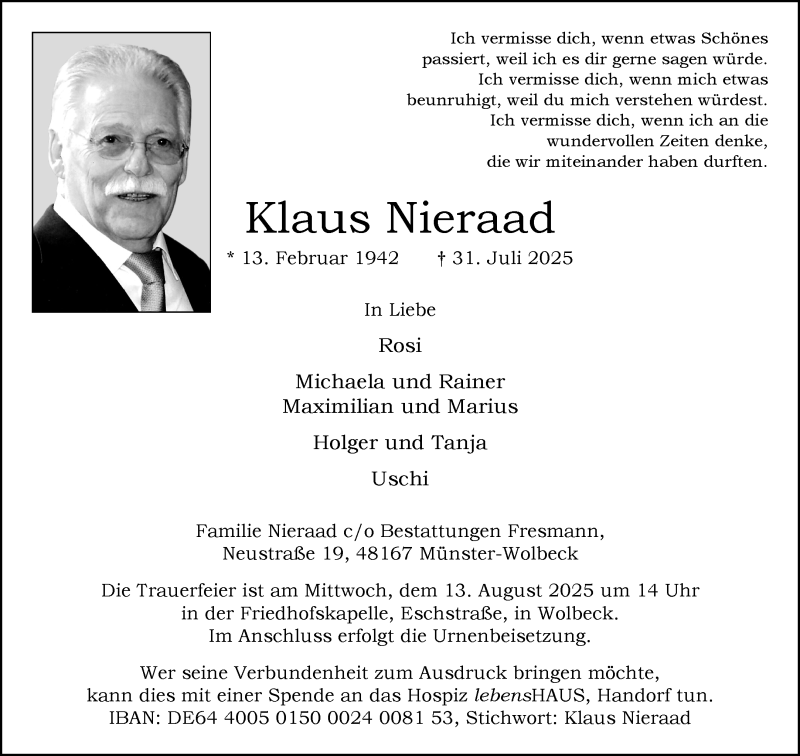  Traueranzeige für Klaus Nieraad vom 09.08.2025 aus 