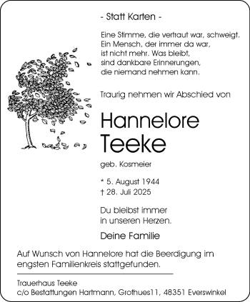 Anzeige von Hannelore Teeke 