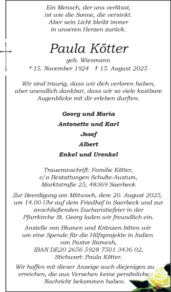 Anzeige von Paula Kötter 