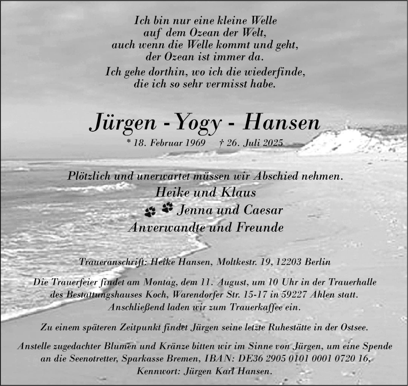  Traueranzeige für Jürgen Hansen vom 09.08.2025 aus 